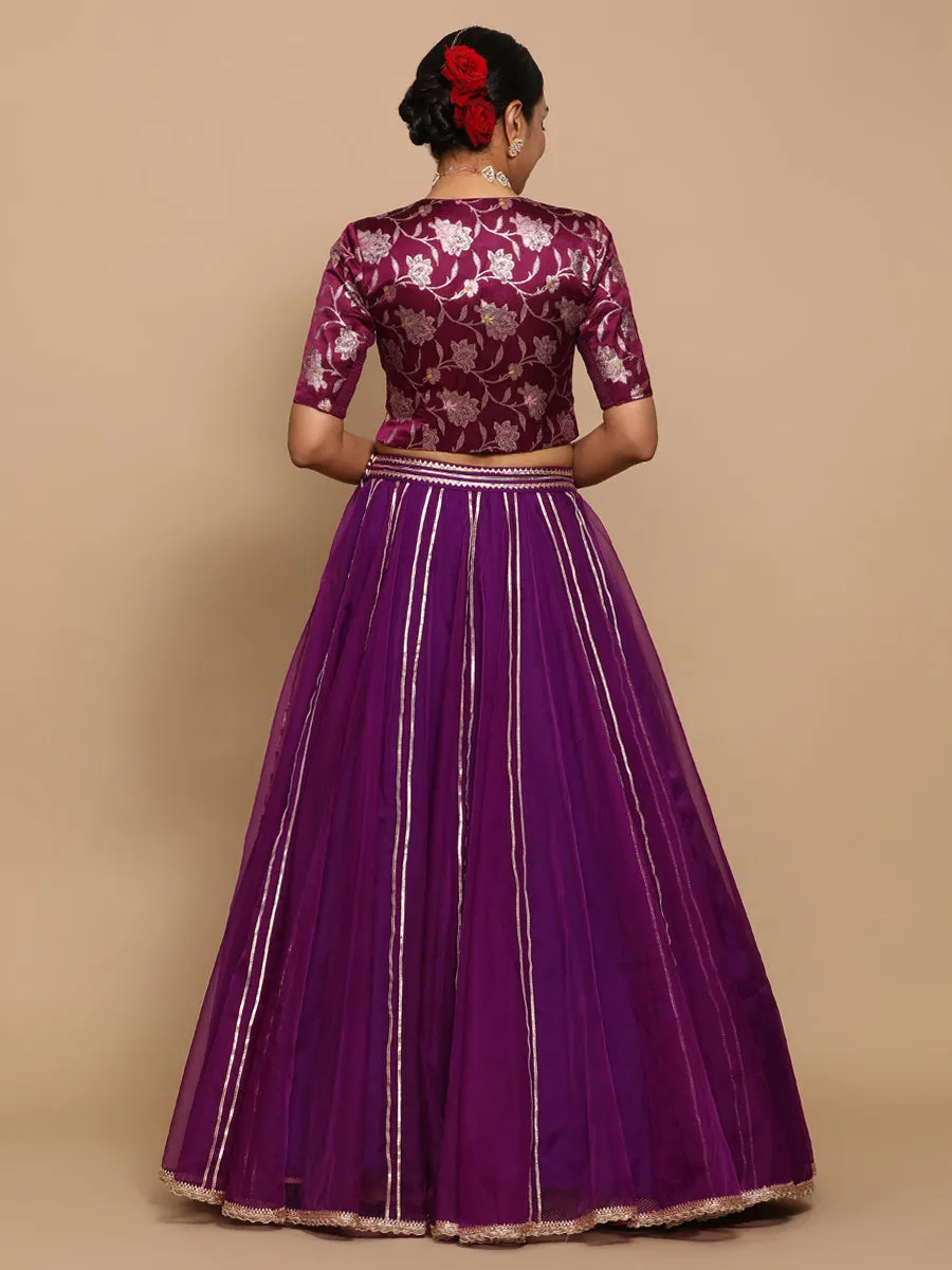 Riyana x Tyohaar | Elbow Sleeves Satin Viscose Saree Blouse in Violet Meenakari Fabric