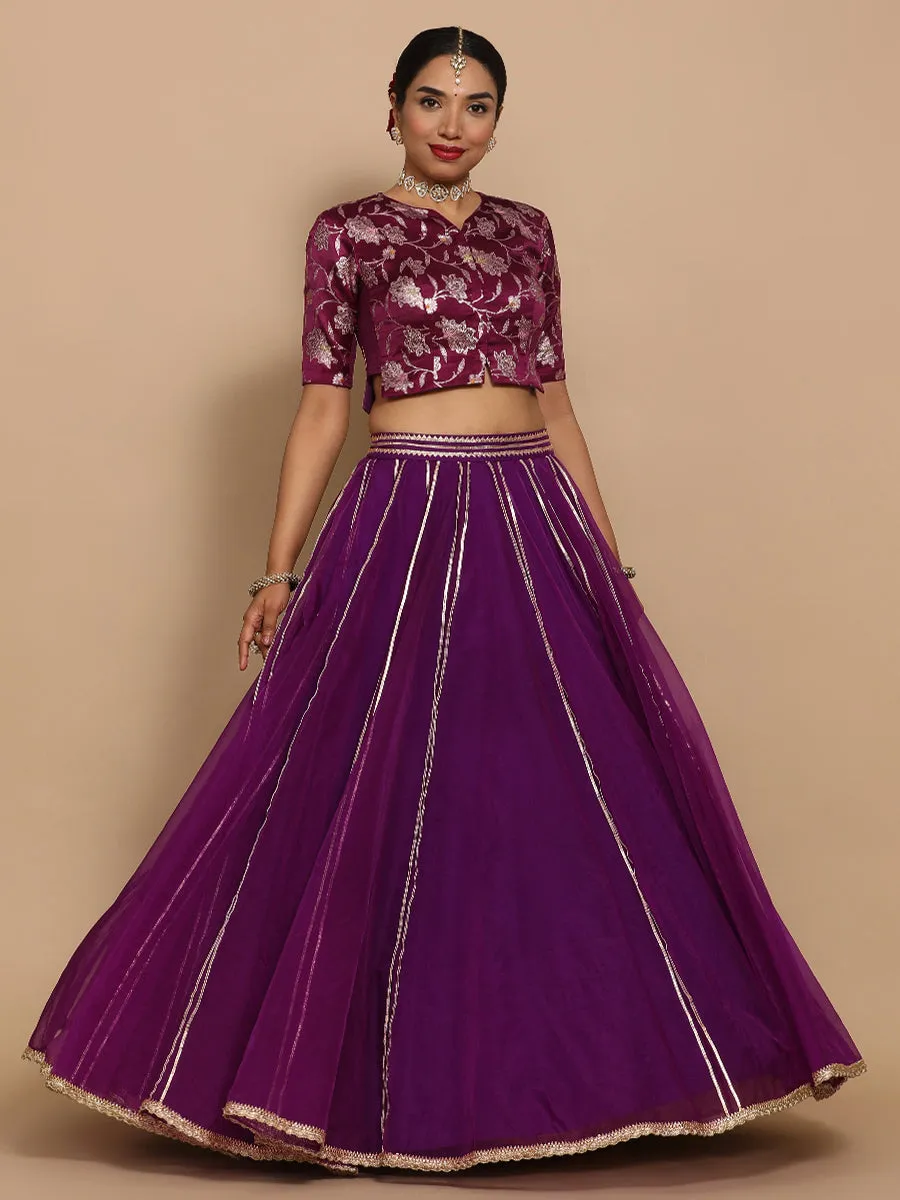 Riyana x Tyohaar | Elbow Sleeves Satin Viscose Saree Blouse in Violet Meenakari Fabric