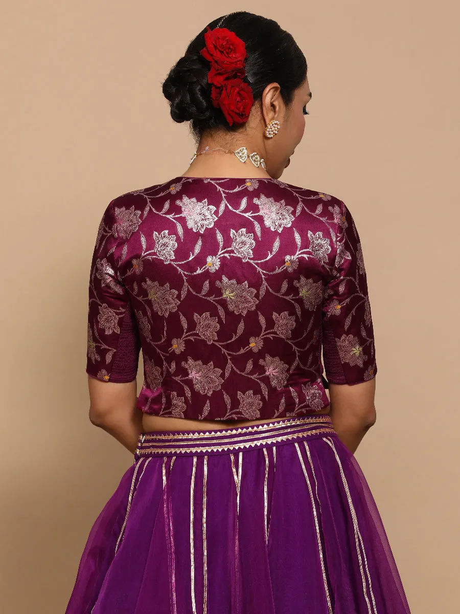 Riyana x Tyohaar | Elbow Sleeves Satin Viscose Saree Blouse in Violet Meenakari Fabric