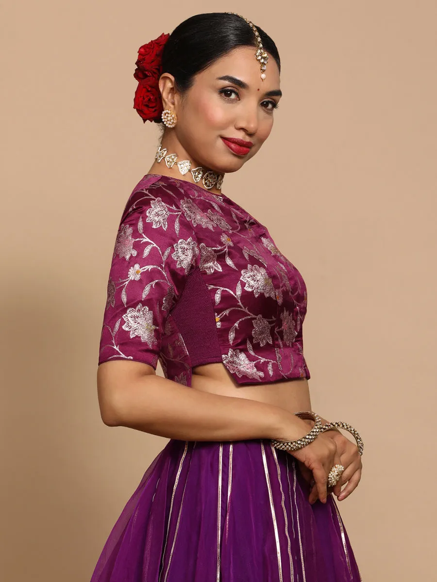 Riyana x Tyohaar | Elbow Sleeves Satin Viscose Saree Blouse in Violet Meenakari Fabric