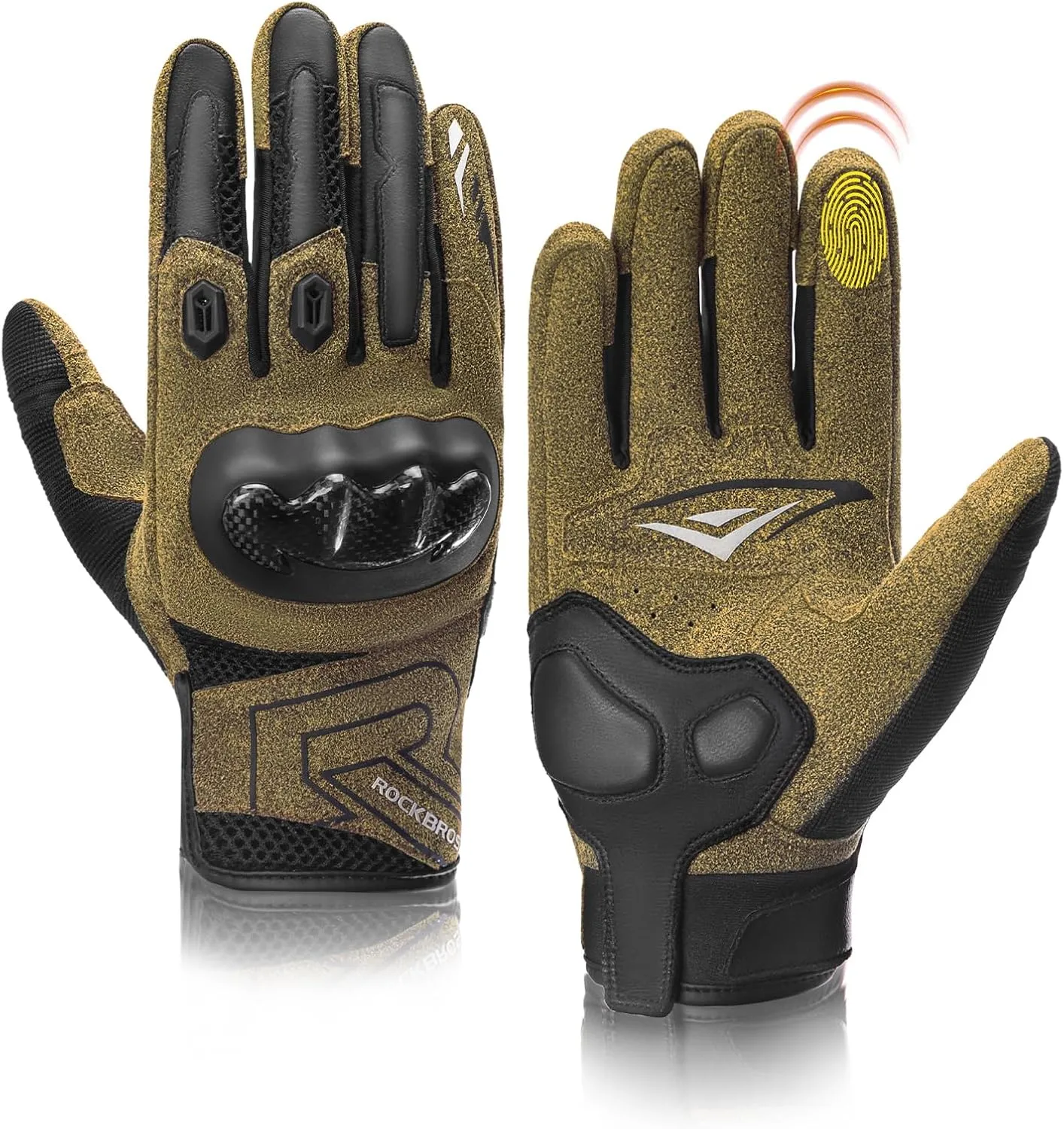 ROCKBROS Motorcycle Gloves for Men Women, Full Finger Motorbike Gloves Touchscreen, Motorcycle Gear with Hard Carbon Fiber Shell for Motorcross Racing Dirt Bike ATV UTV MTB Cycling, Brown