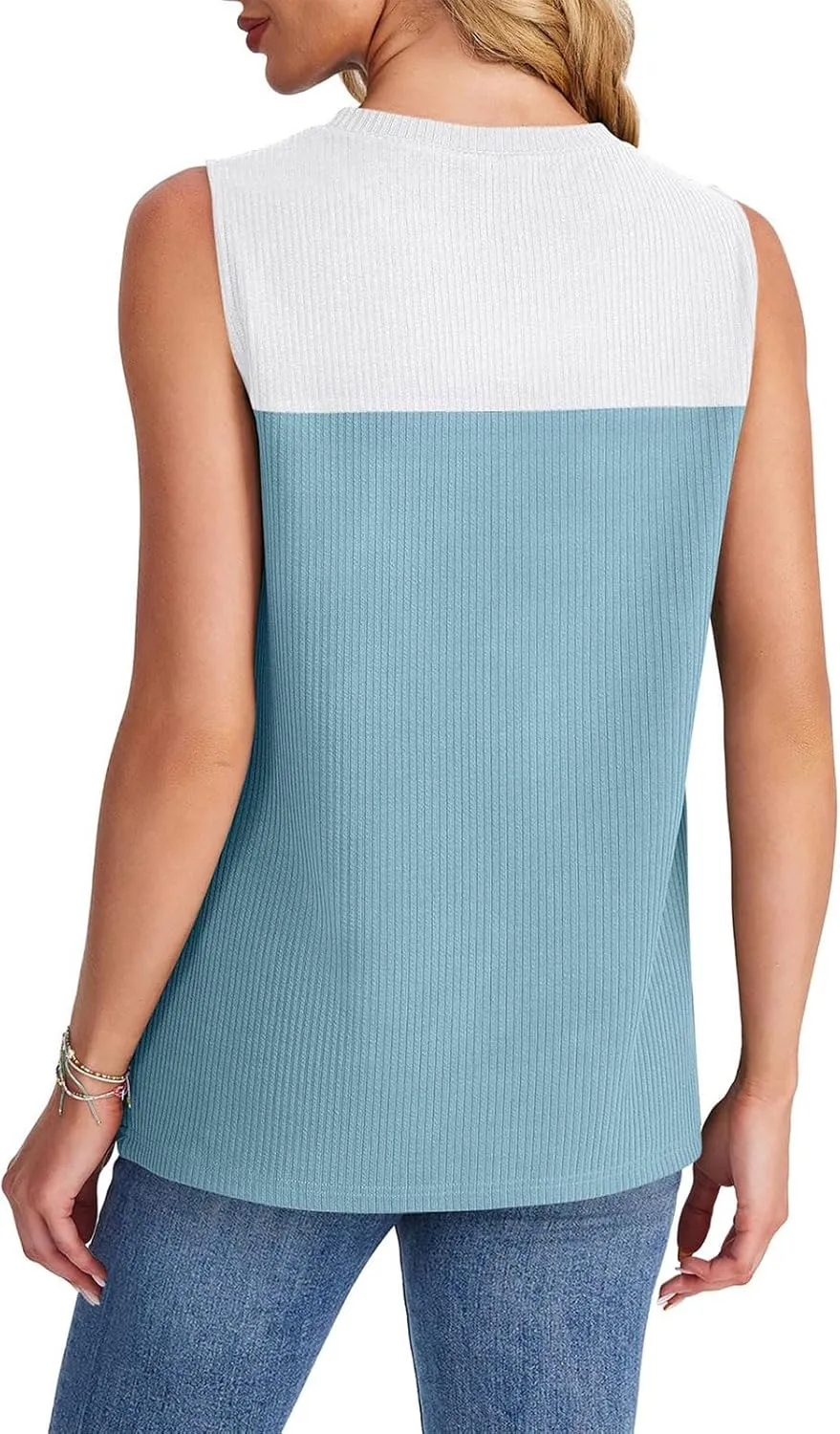 Sleeveless Sweaters for Women Casual Color Block Round Neck Tank Tops Summer Breathable Knitted Loose Fit T-Shirts