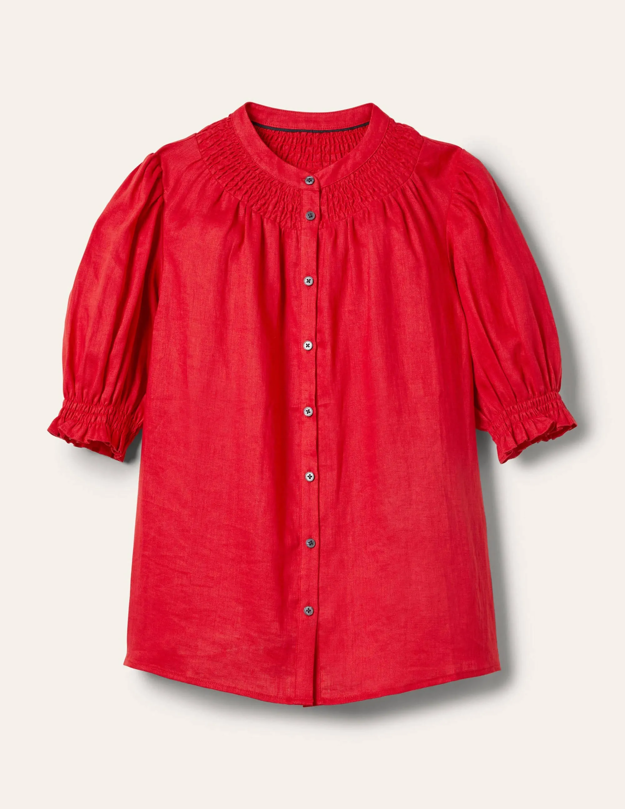 Smocked Short Sleeve Blouse-Red