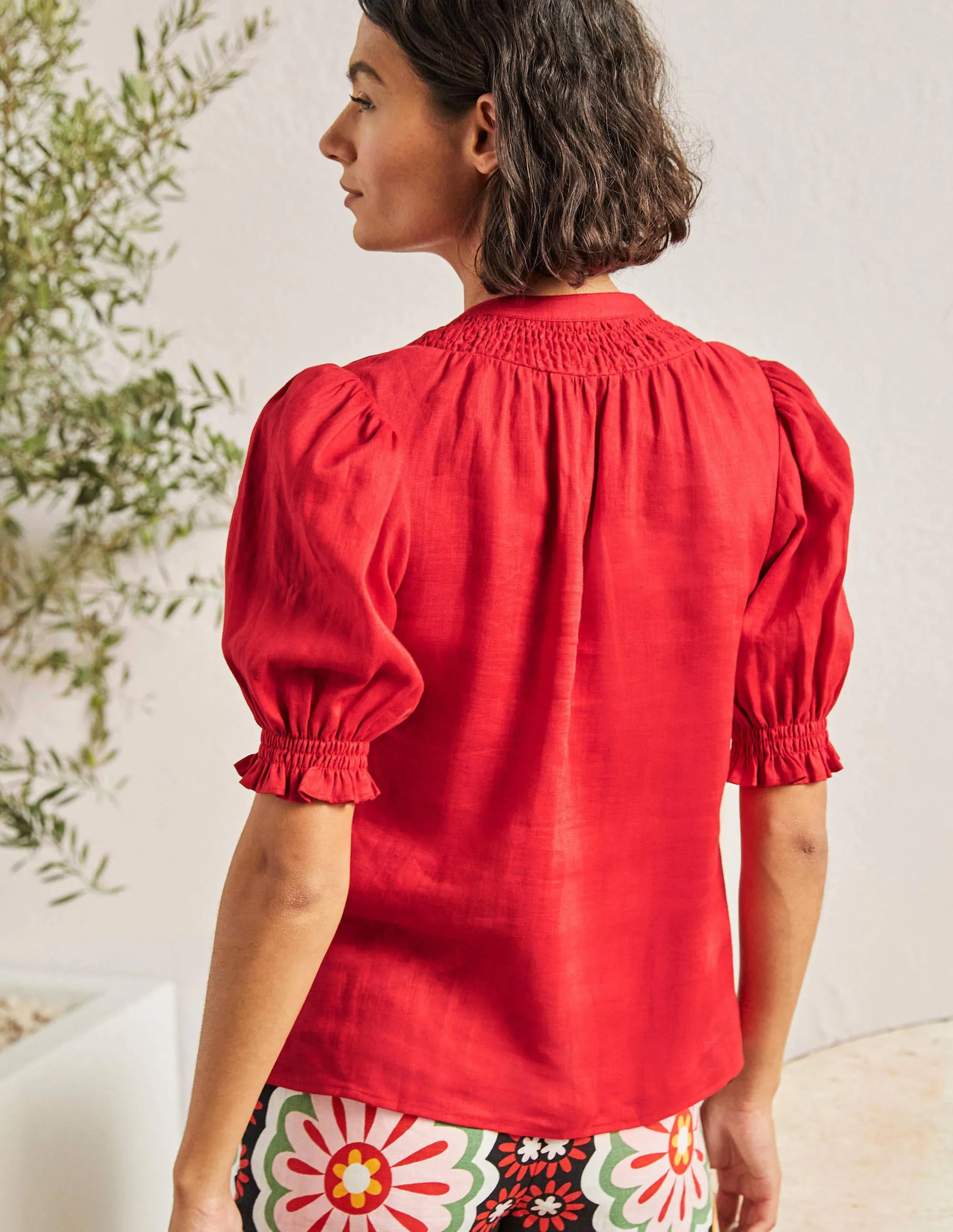 Smocked Short Sleeve Blouse-Red