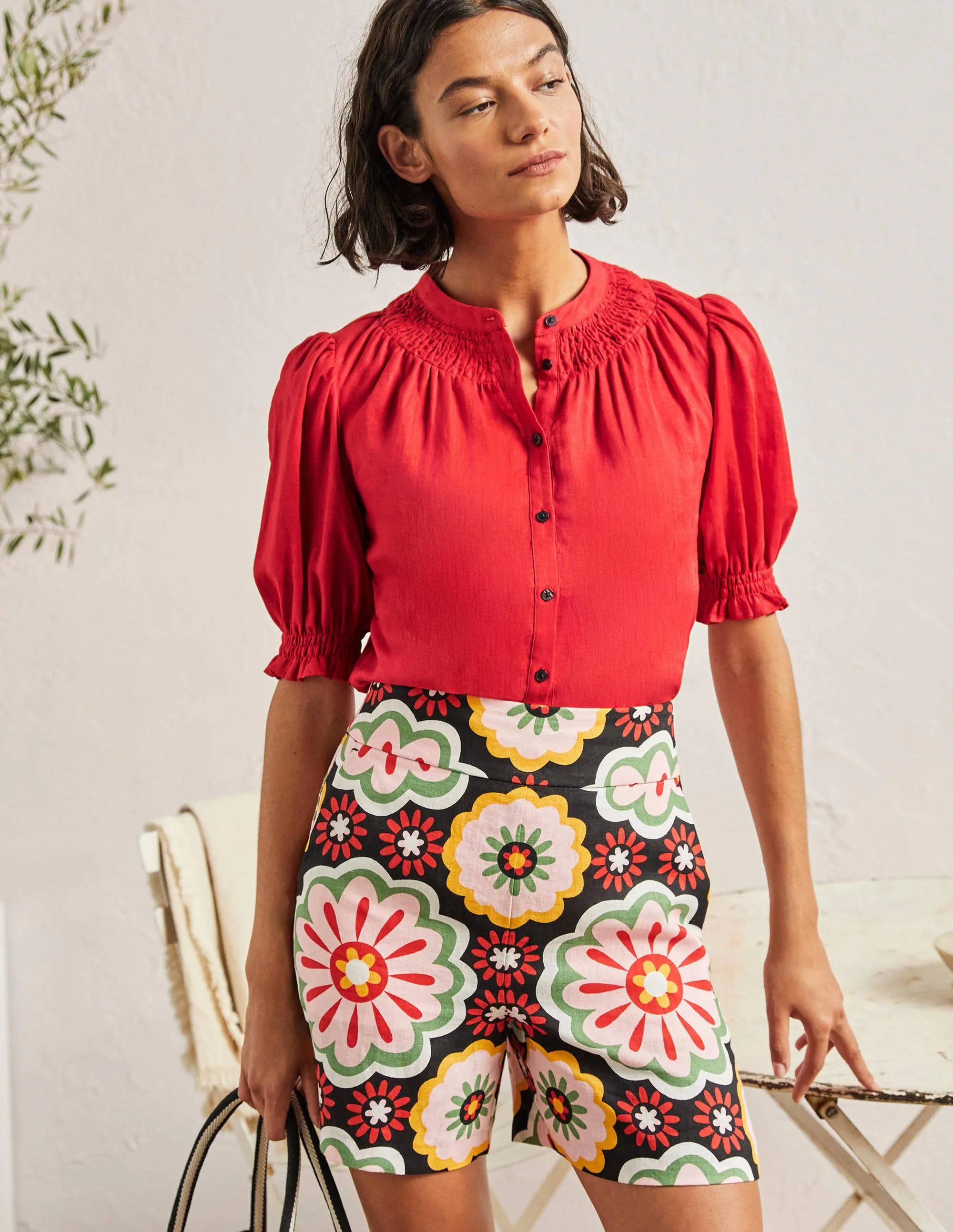 Smocked Short Sleeve Blouse-Red