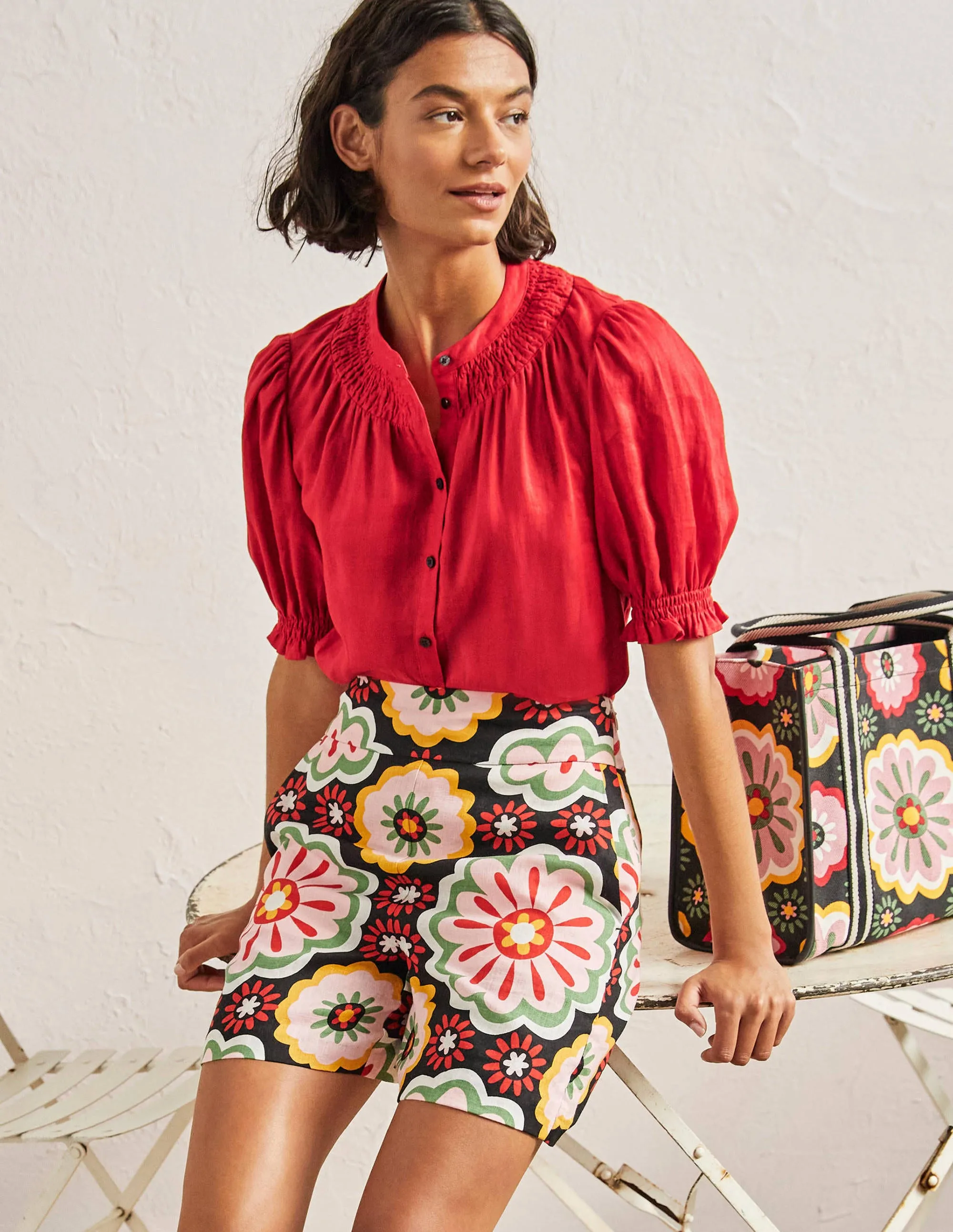 Smocked Short Sleeve Blouse-Red