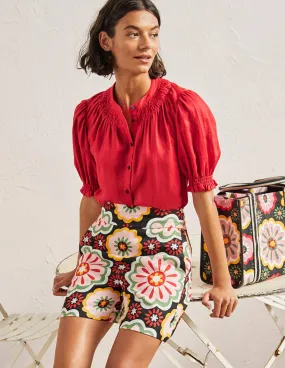 Smocked Short Sleeve Blouse-Red