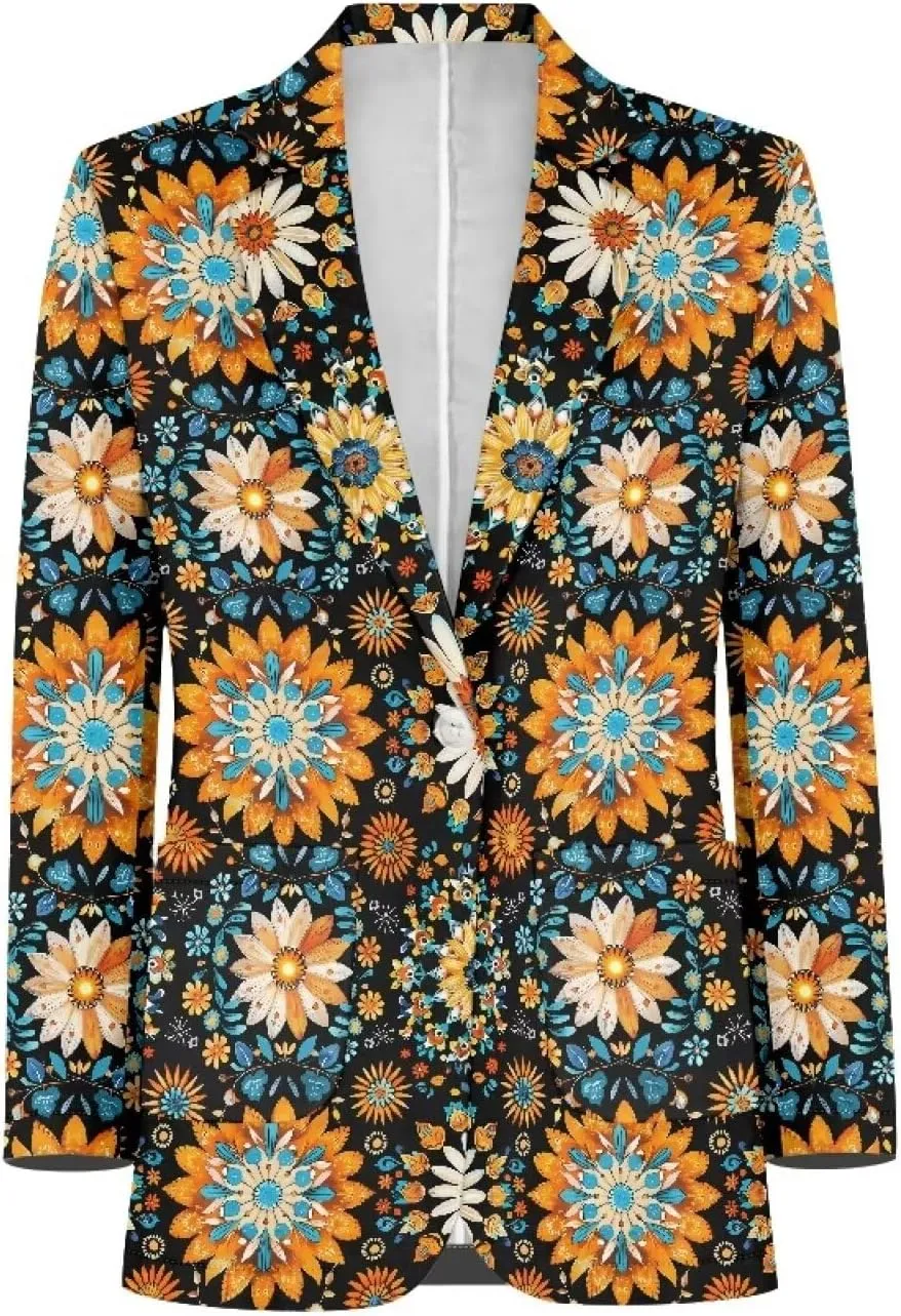 Soft Modern One Button Blazer for Men Novelty Print Long Sleeve Notch Lapel Collar Suit Jacket with Pockets
