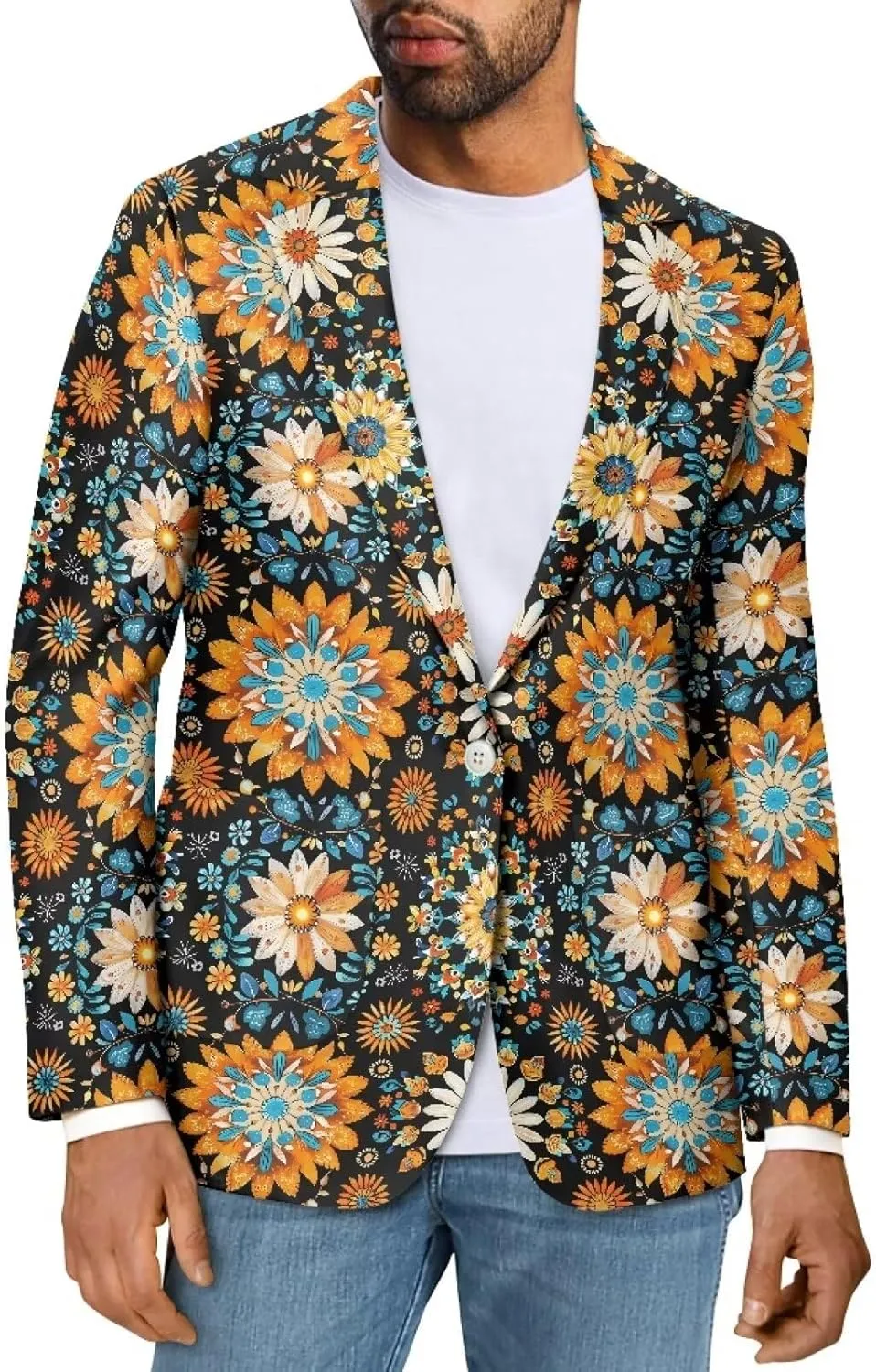 Soft Modern One Button Blazer for Men Novelty Print Long Sleeve Notch Lapel Collar Suit Jacket with Pockets