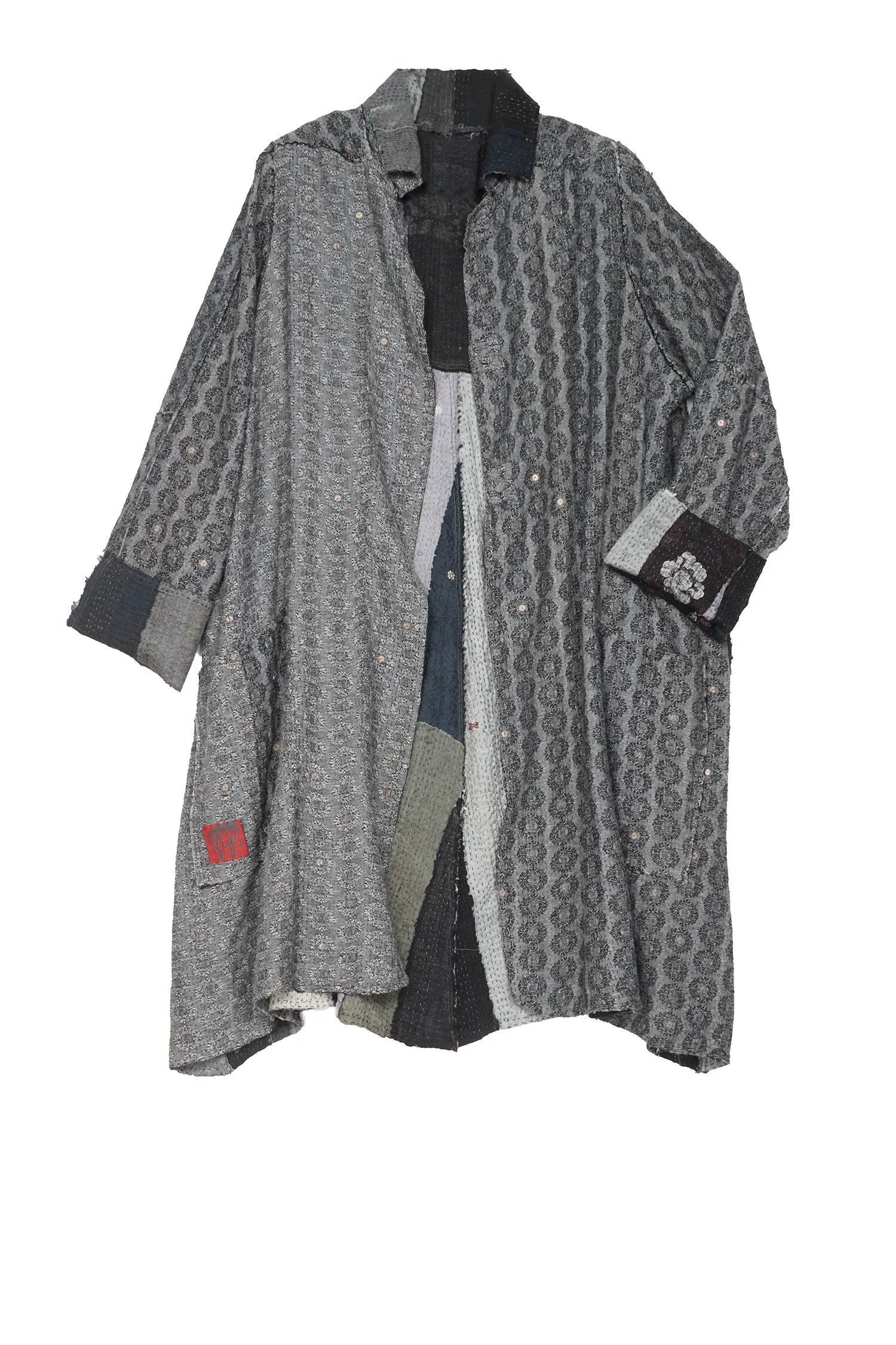 STRIPE FRAYED & HANDWOVEN KANTHA A-LINE DUSTER - ft2311-blk -