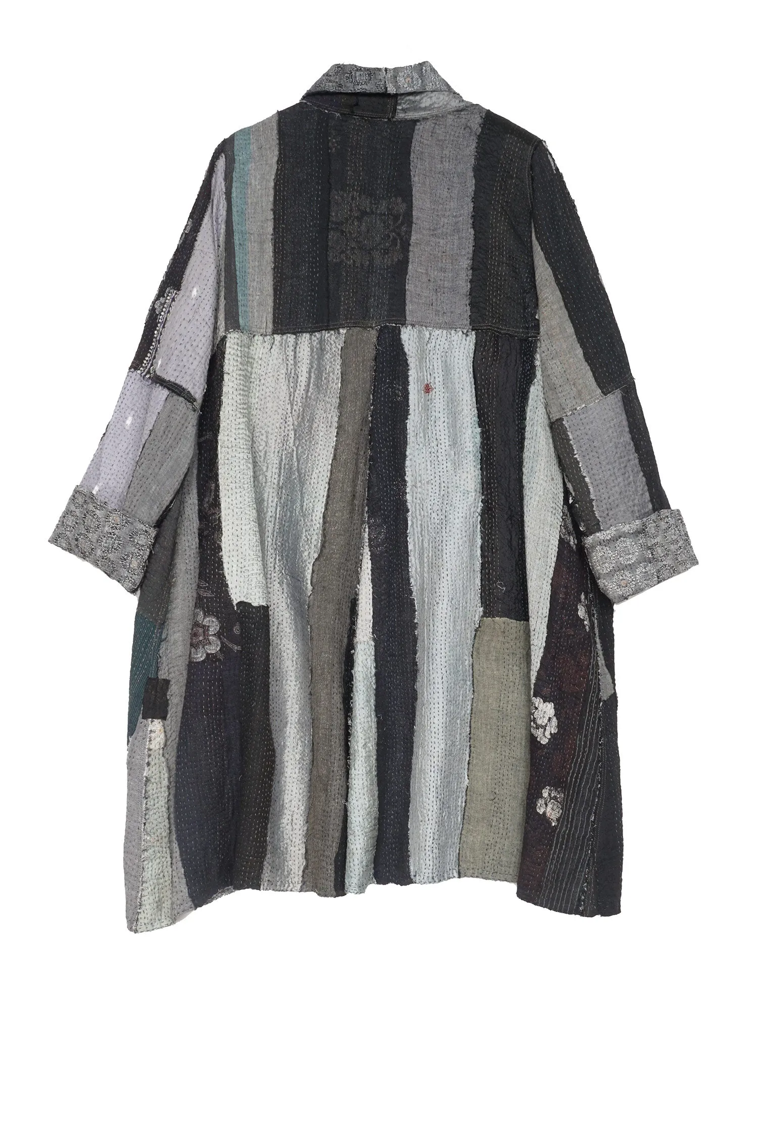 STRIPE FRAYED & HANDWOVEN KANTHA A-LINE DUSTER - ft2311-blk -