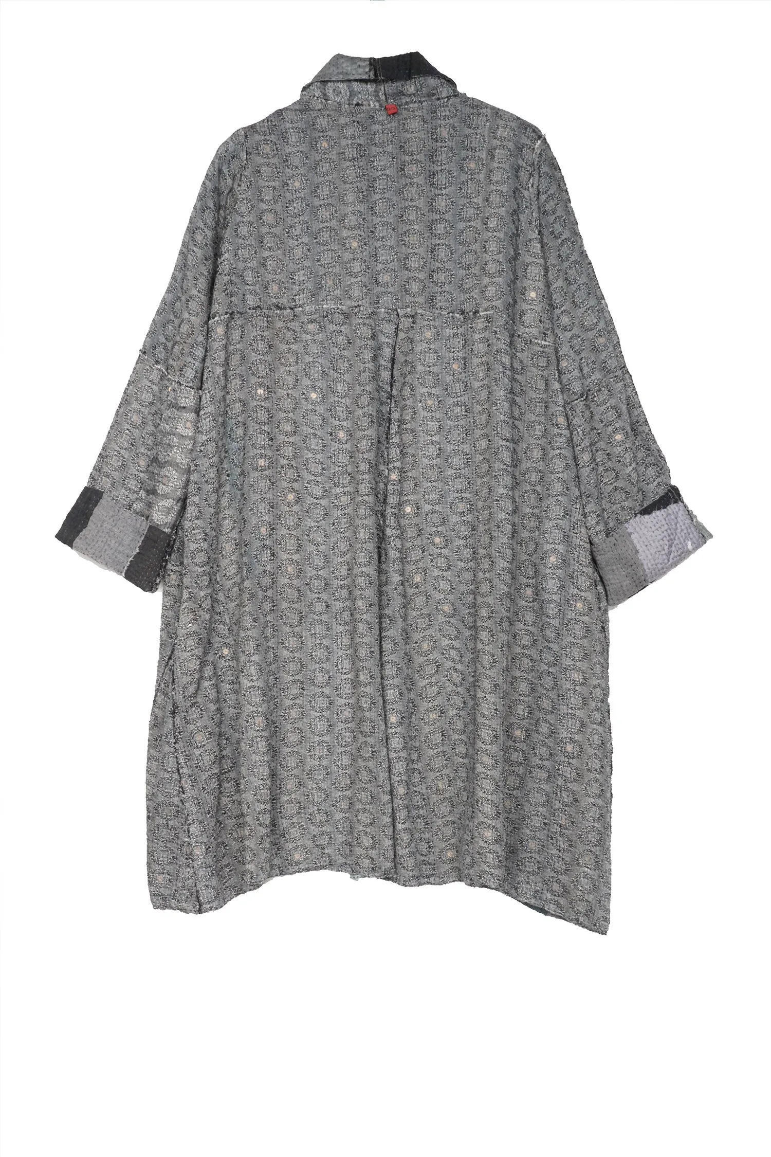 STRIPE FRAYED & HANDWOVEN KANTHA A-LINE DUSTER - ft2311-blk -