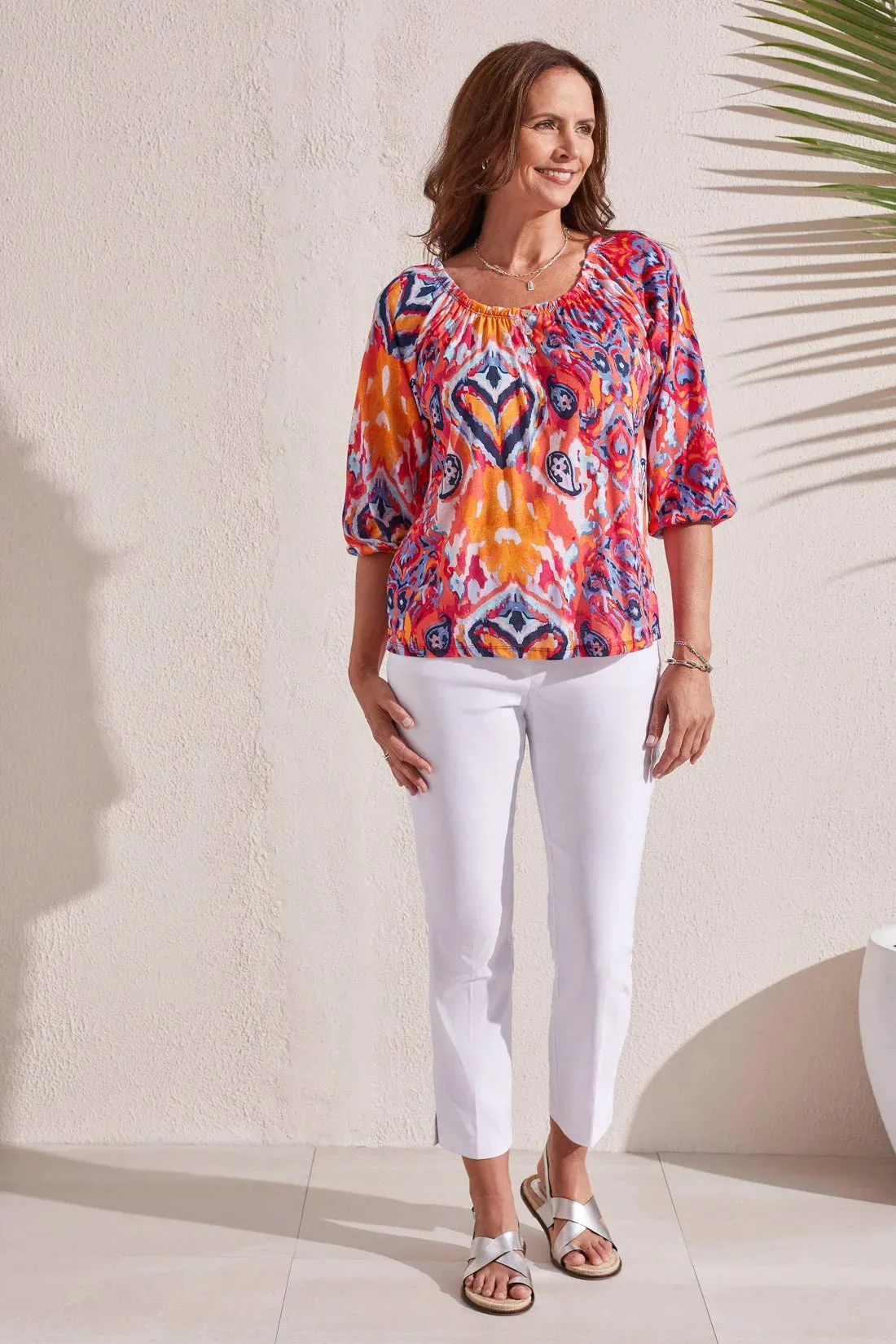 Tribal | Shirred 3/4 Sleeve Peasant Top | Women's