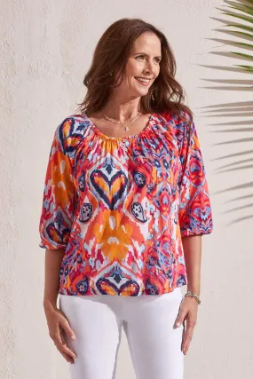 Tribal | Shirred 3/4 Sleeve Peasant Top | Women's