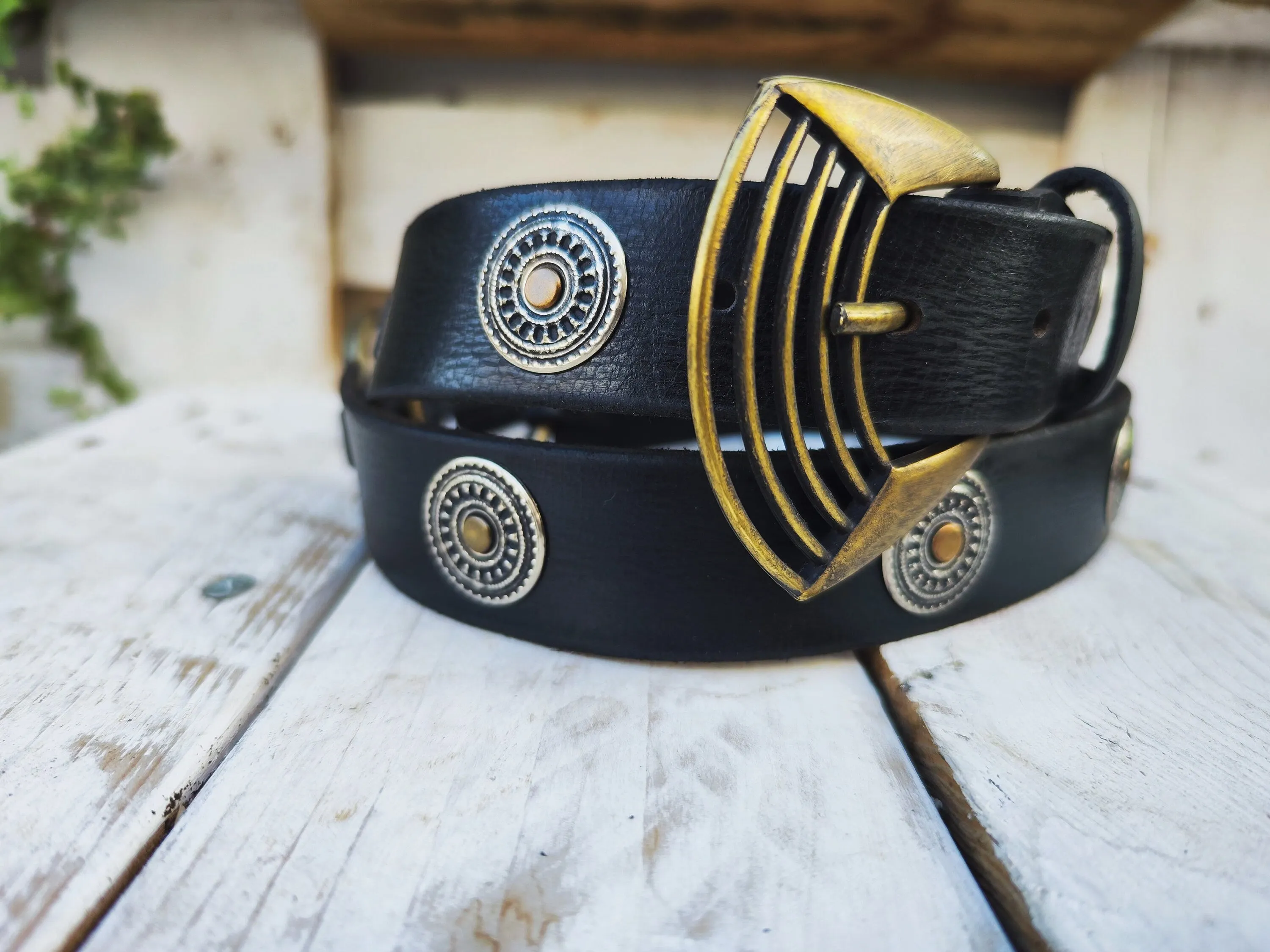 Unique Bohemian Leather Belt with Silver Coins and Gold Rivets