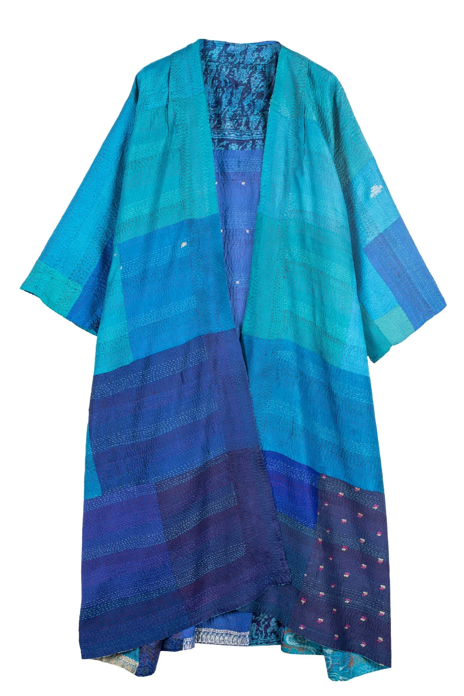 VINTAGE SILK PATCH KANTHA KIMONO MAXI - vp2318-blu -