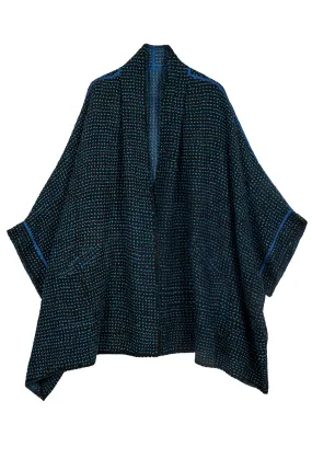 WAFFLE KANTHA DOUBLE COLLAR PONCHO - wf3323-blu -