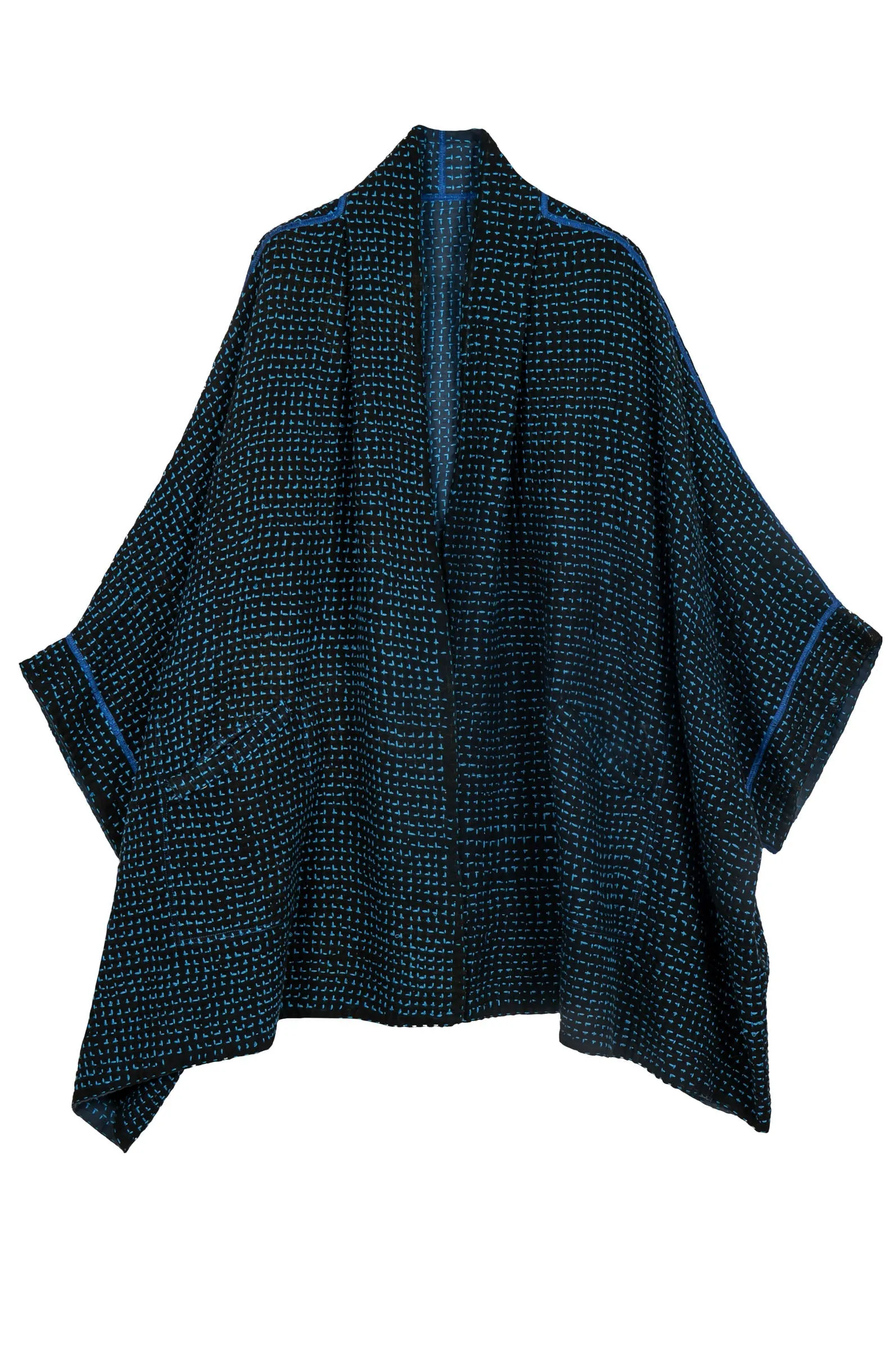 WAFFLE KANTHA DOUBLE COLLAR PONCHO - wf3323-blu -