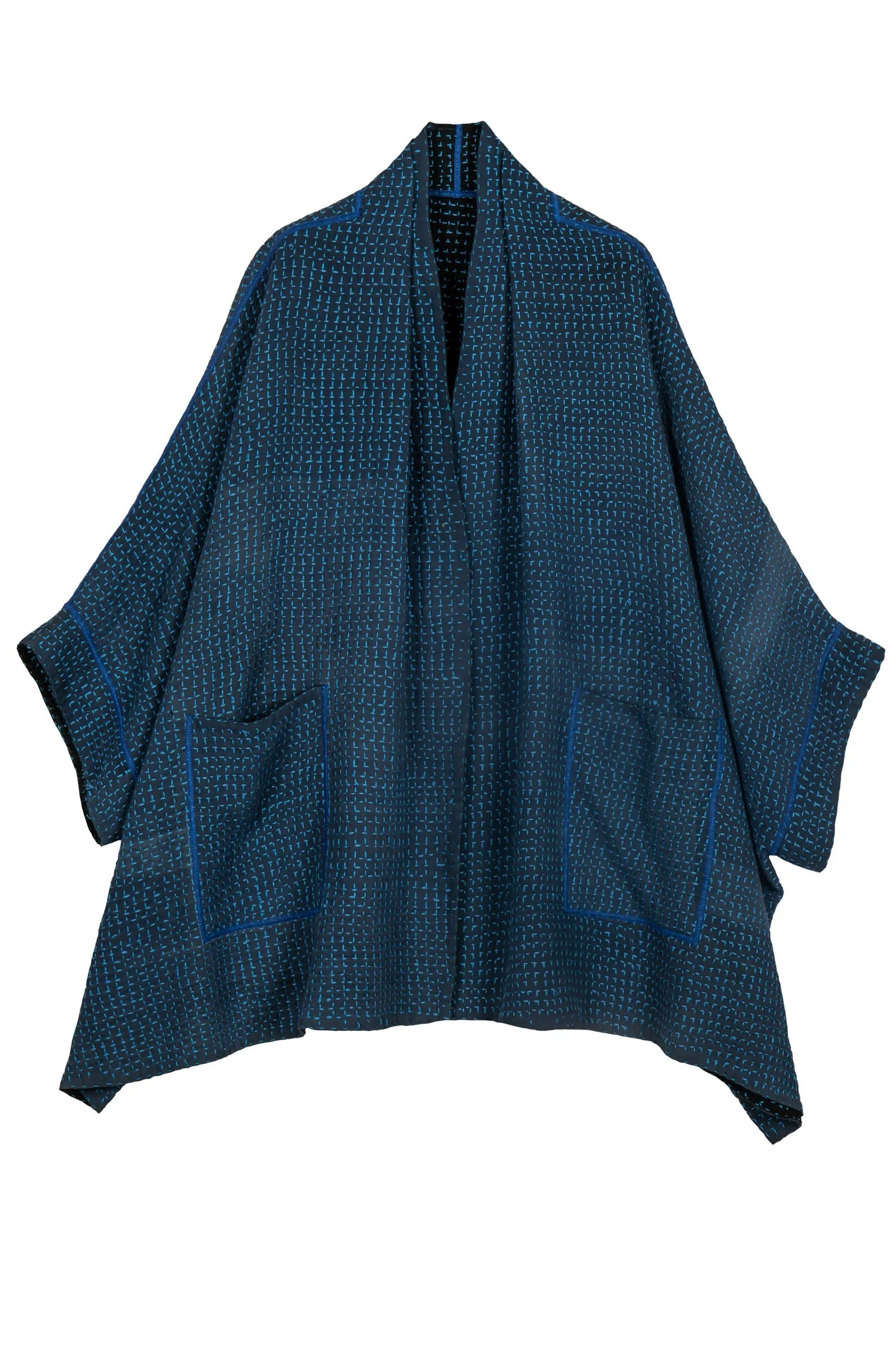 WAFFLE KANTHA DOUBLE COLLAR PONCHO - wf3323-blu -