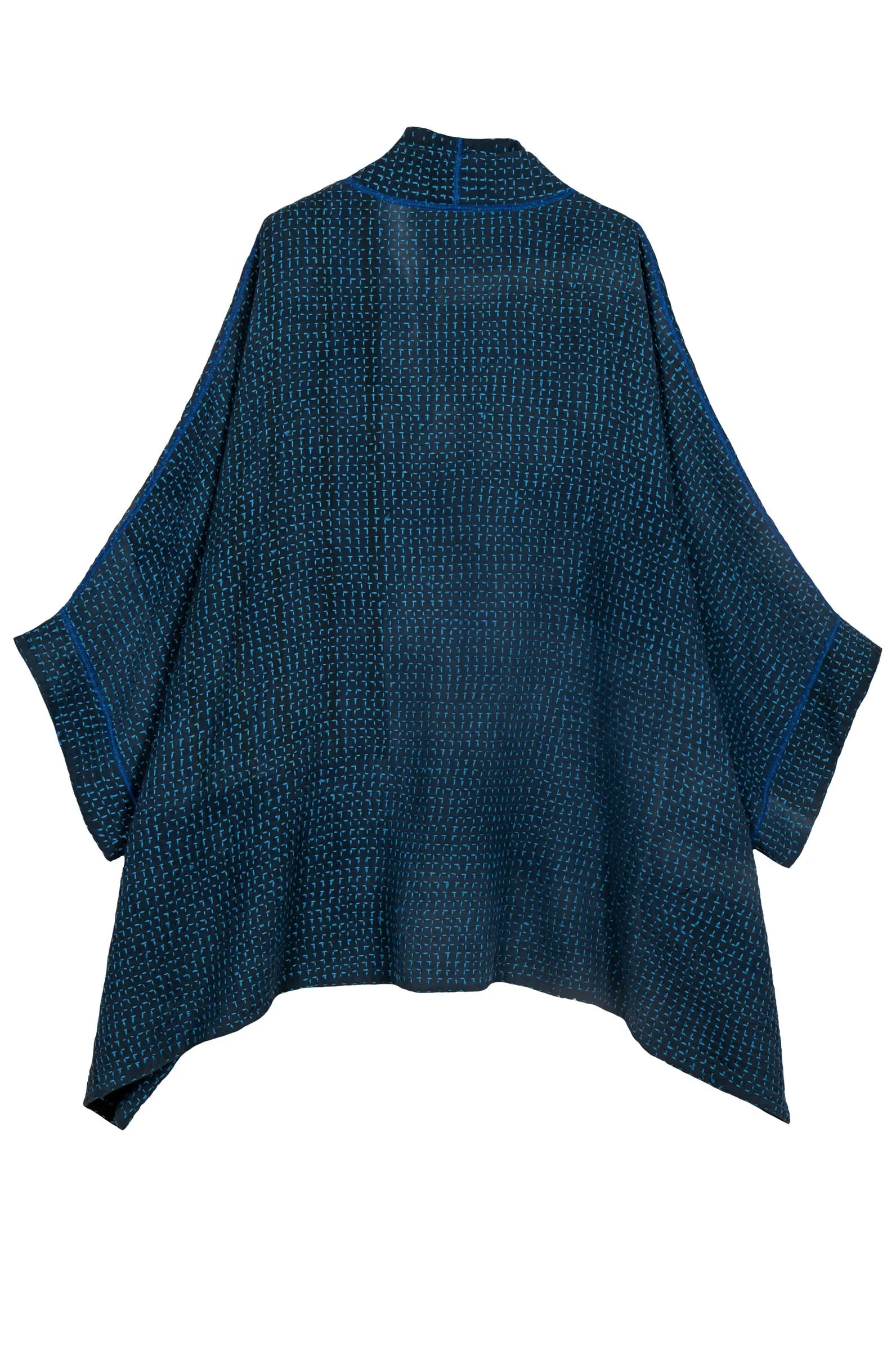 WAFFLE KANTHA DOUBLE COLLAR PONCHO - wf3323-blu -