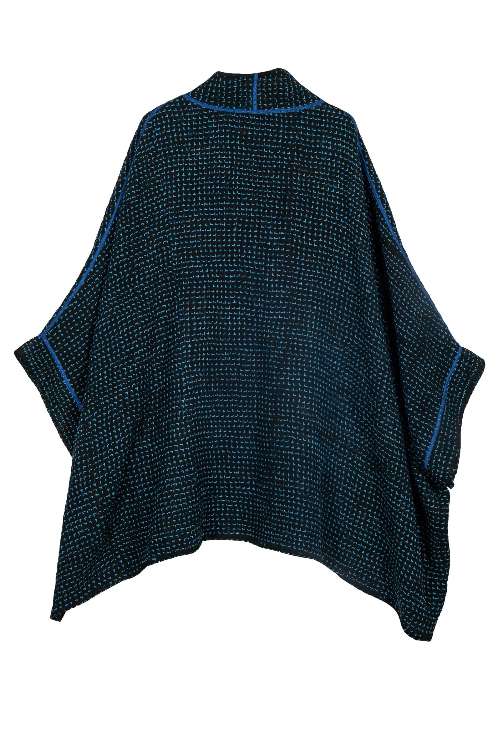WAFFLE KANTHA DOUBLE COLLAR PONCHO - wf3323-blu -