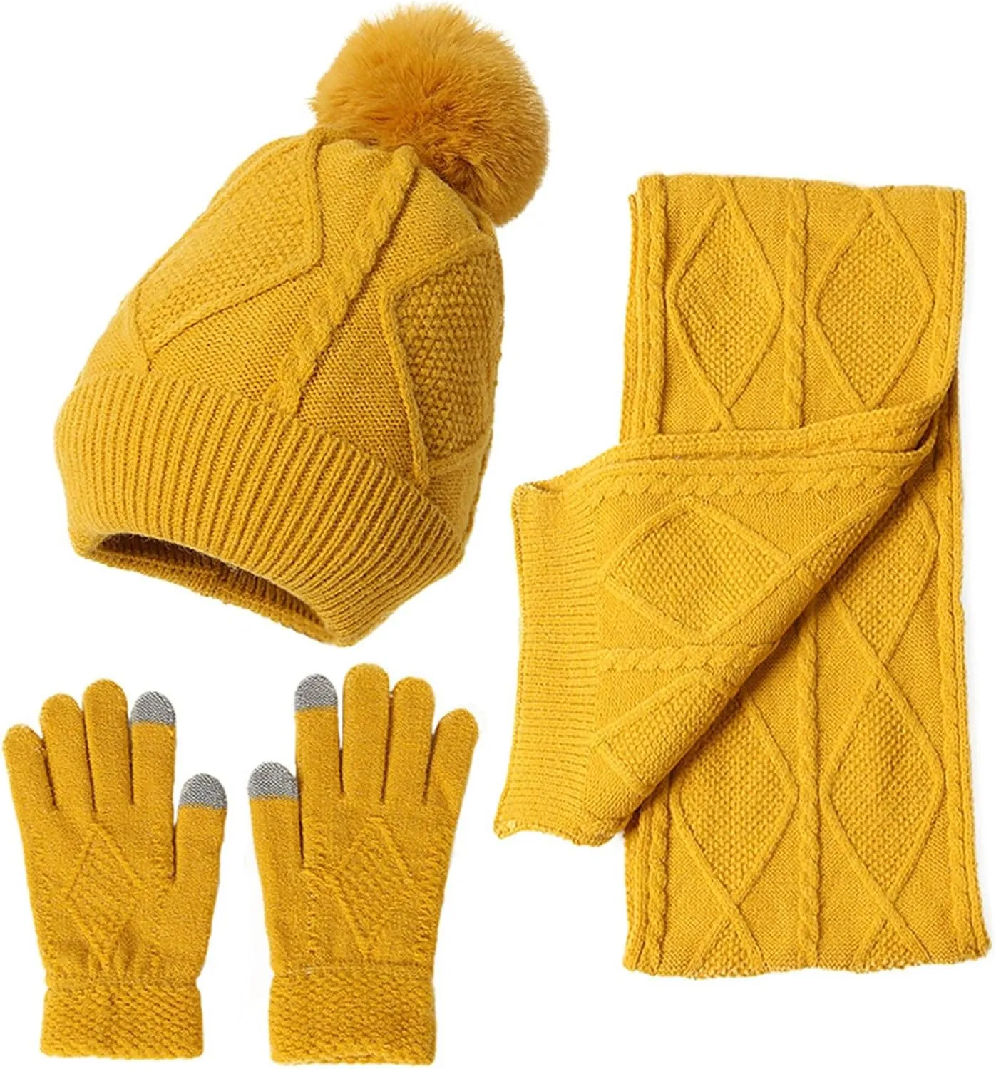 Winter Beanie Hat Scarf Gloves,Women Warm Hoodie Knit Hat Long Scarf Neck Warmer Touchscreen Gloves Set Gifts