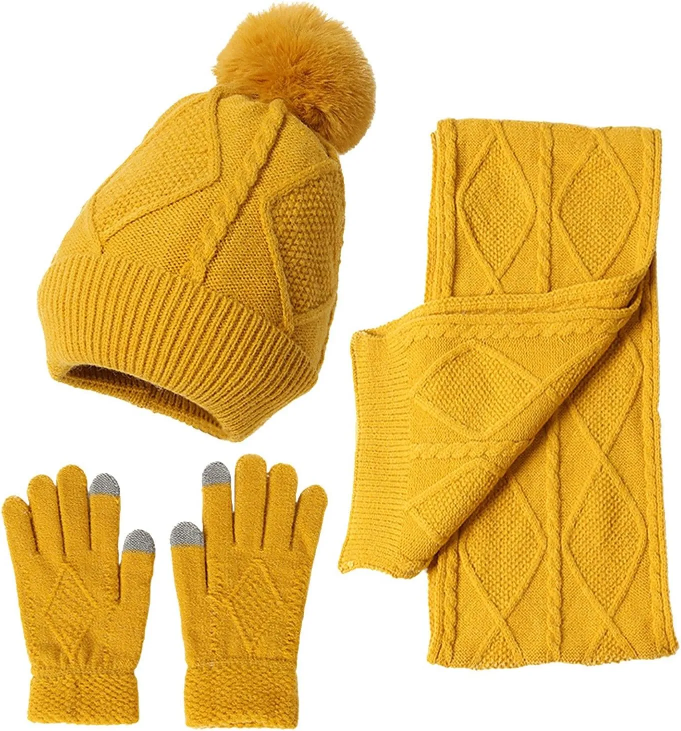 Winter Beanie Hat Scarf Gloves,Women Warm Hoodie Knit Hat Long Scarf Neck Warmer Touchscreen Gloves Set Gifts