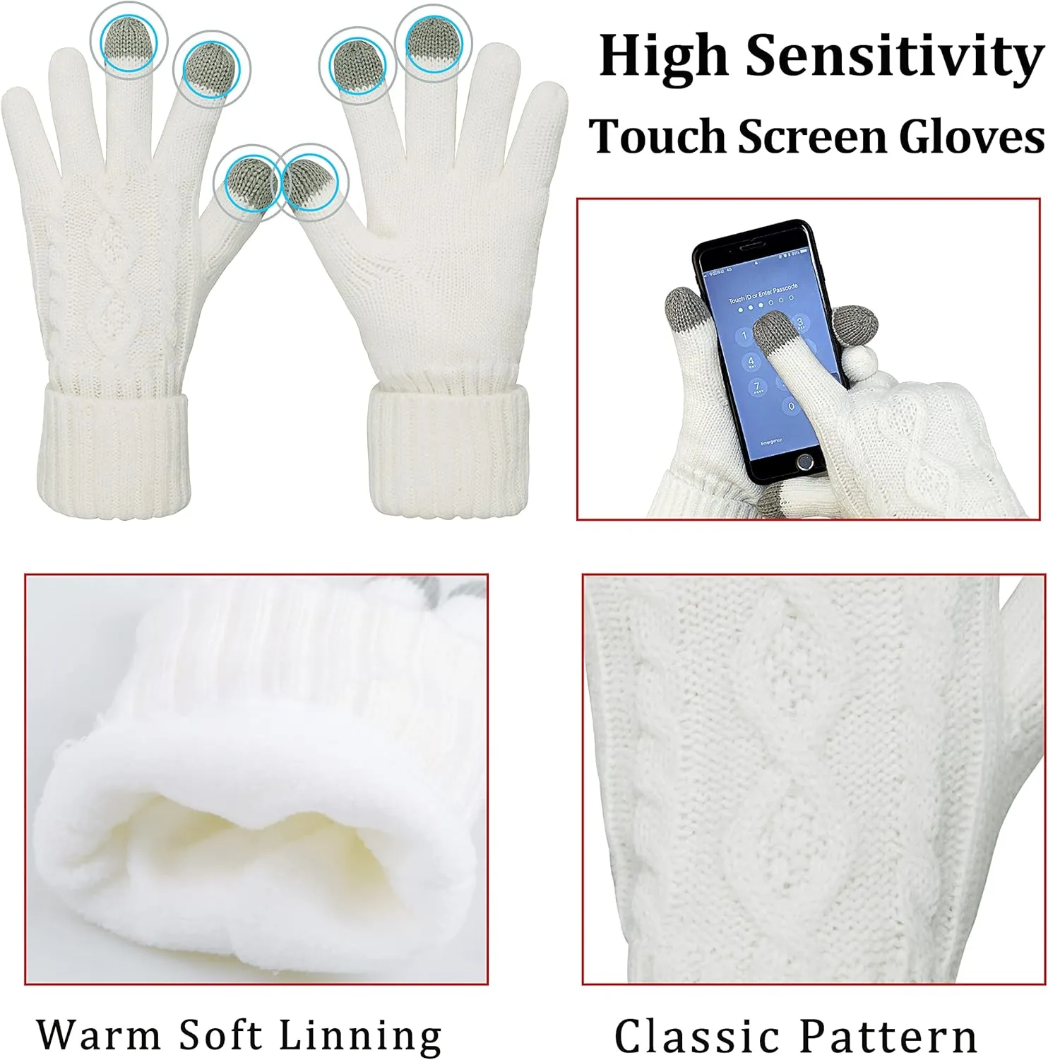 Winter Hat Gloves Scarf Set Women, Beanie with Pom Touchscreen Gloves Warm Knit Long Scarf 3 in 1 Set Gift for Women
