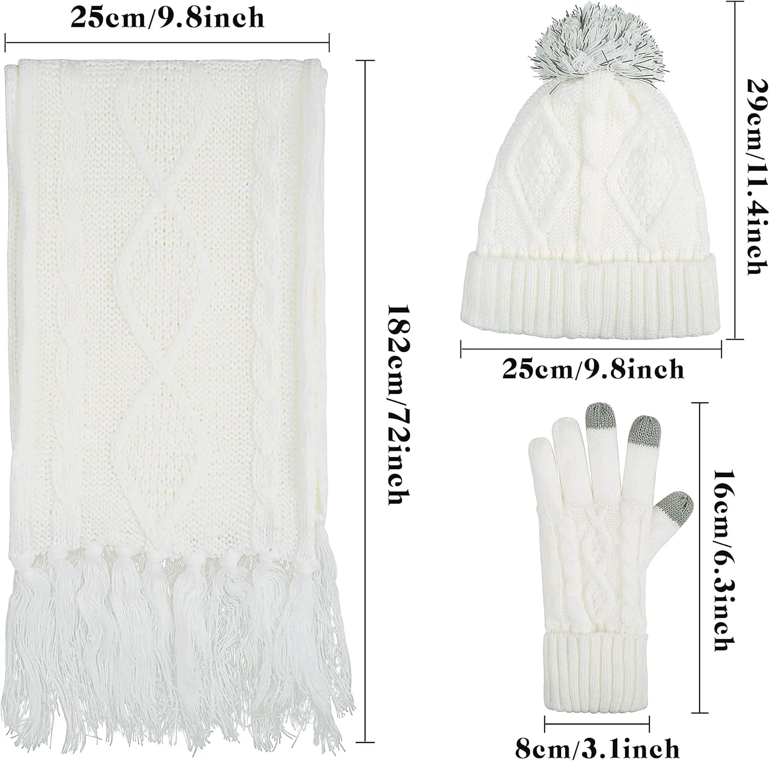 Winter Hat Gloves Scarf Set Women, Beanie with Pom Touchscreen Gloves Warm Knit Long Scarf 3 in 1 Set Gift for Women