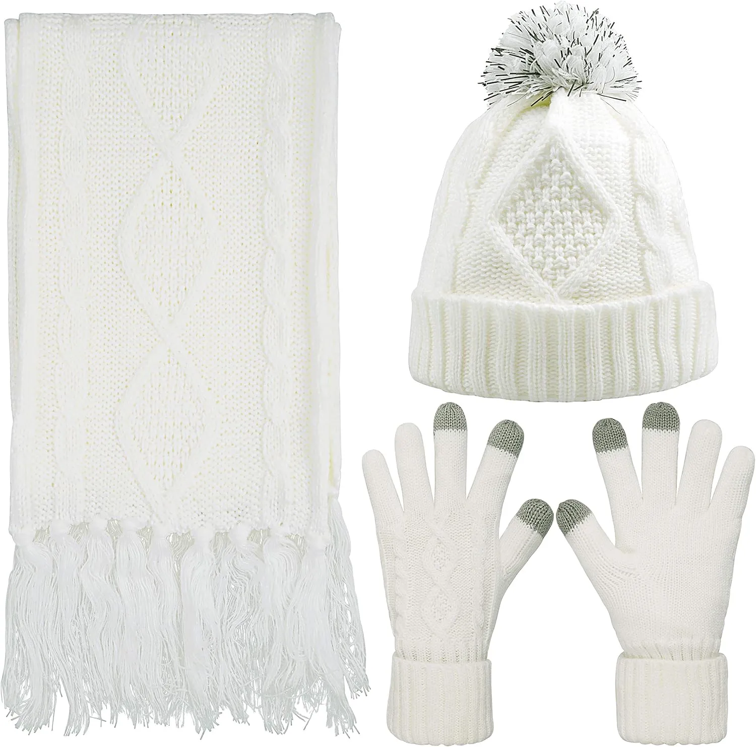 Winter Hat Gloves Scarf Set Women, Beanie with Pom Touchscreen Gloves Warm Knit Long Scarf 3 in 1 Set Gift for Women