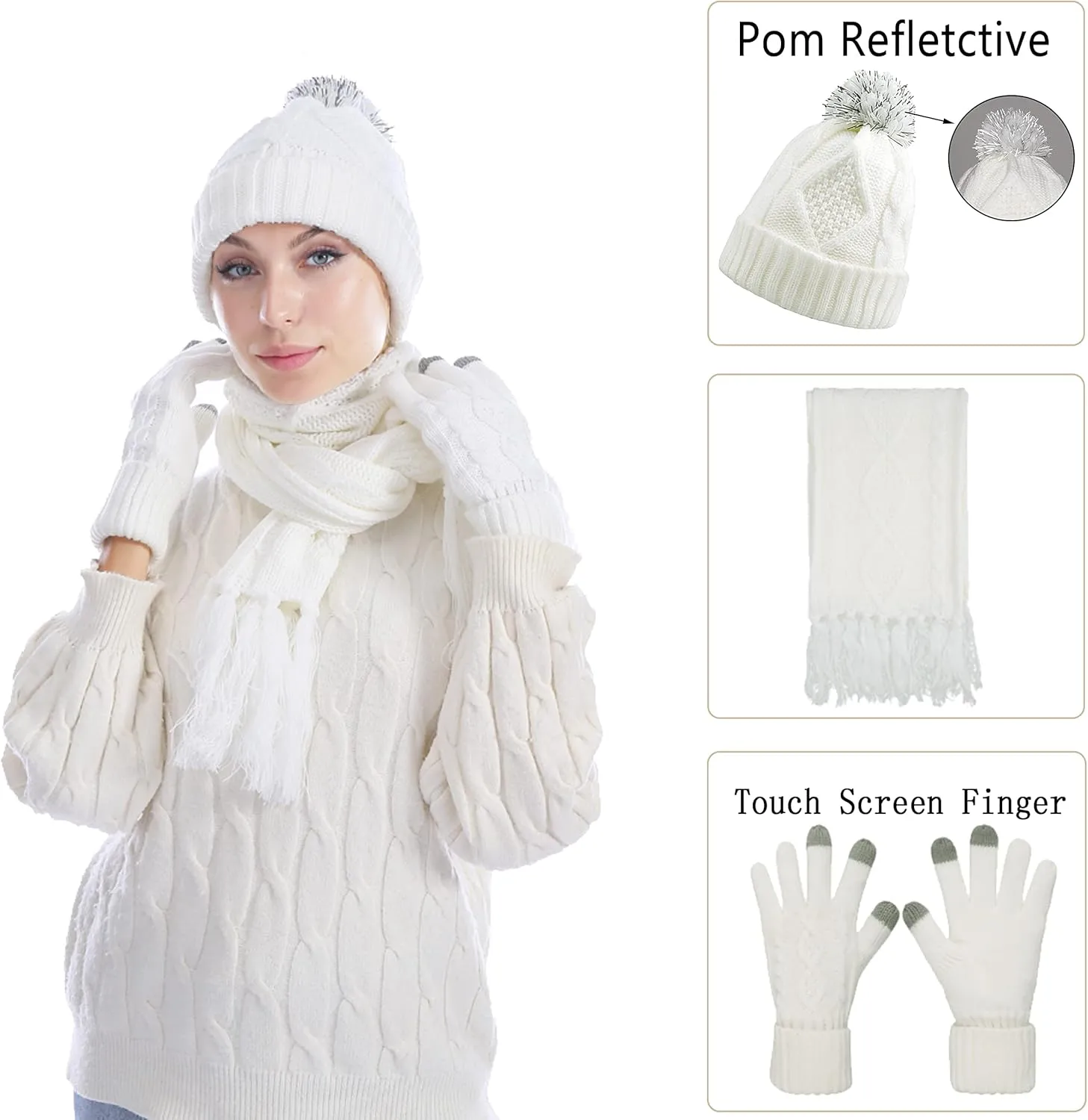 Winter Hat Gloves Scarf Set Women, Beanie with Pom Touchscreen Gloves Warm Knit Long Scarf 3 in 1 Set Gift for Women