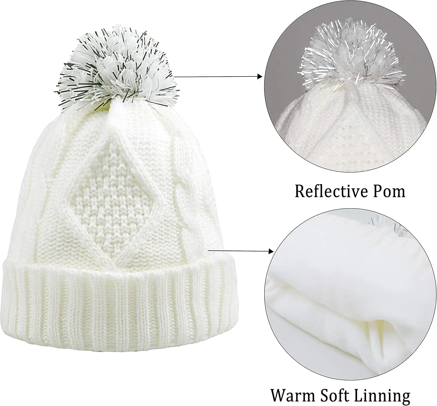 Winter Hat Gloves Scarf Set Women, Beanie with Pom Touchscreen Gloves Warm Knit Long Scarf 3 in 1 Set Gift for Women