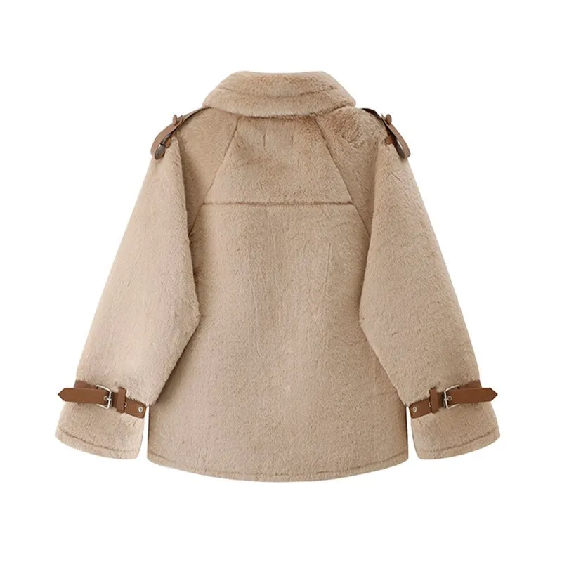 Winter New Woman Chic Overcoat Leather Lambs Wool Fashion Winter Jacket
