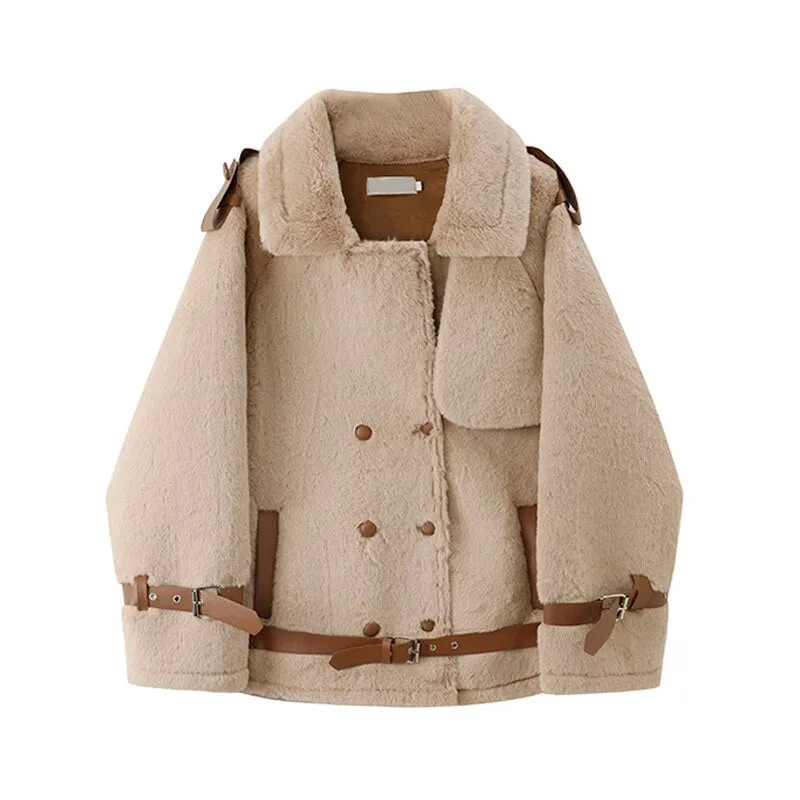 Winter New Woman Chic Overcoat Leather Lambs Wool Fashion Winter Jacket