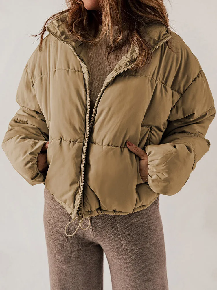 Winter Puffer Coat Leisure Solid Color Stand-up Collar Cotton-padded