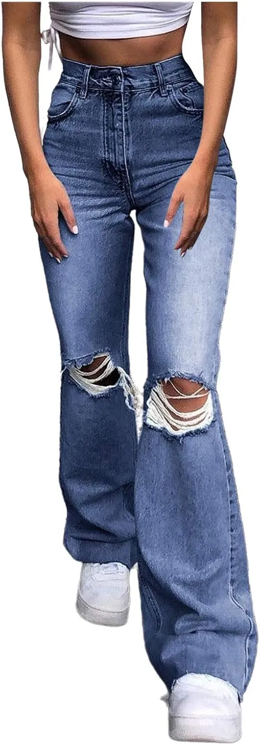 Women Ripped Boyfriends Jeans High Waist Casual Straight Leg Cargo Jeans Flared Jeans Trousers