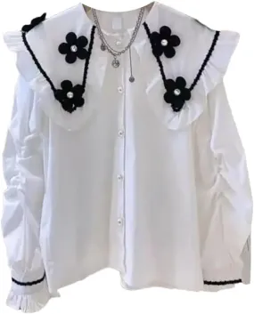 Women Ruffled Beaded Shirt Long Sleeve Turn-Down Collar Tops