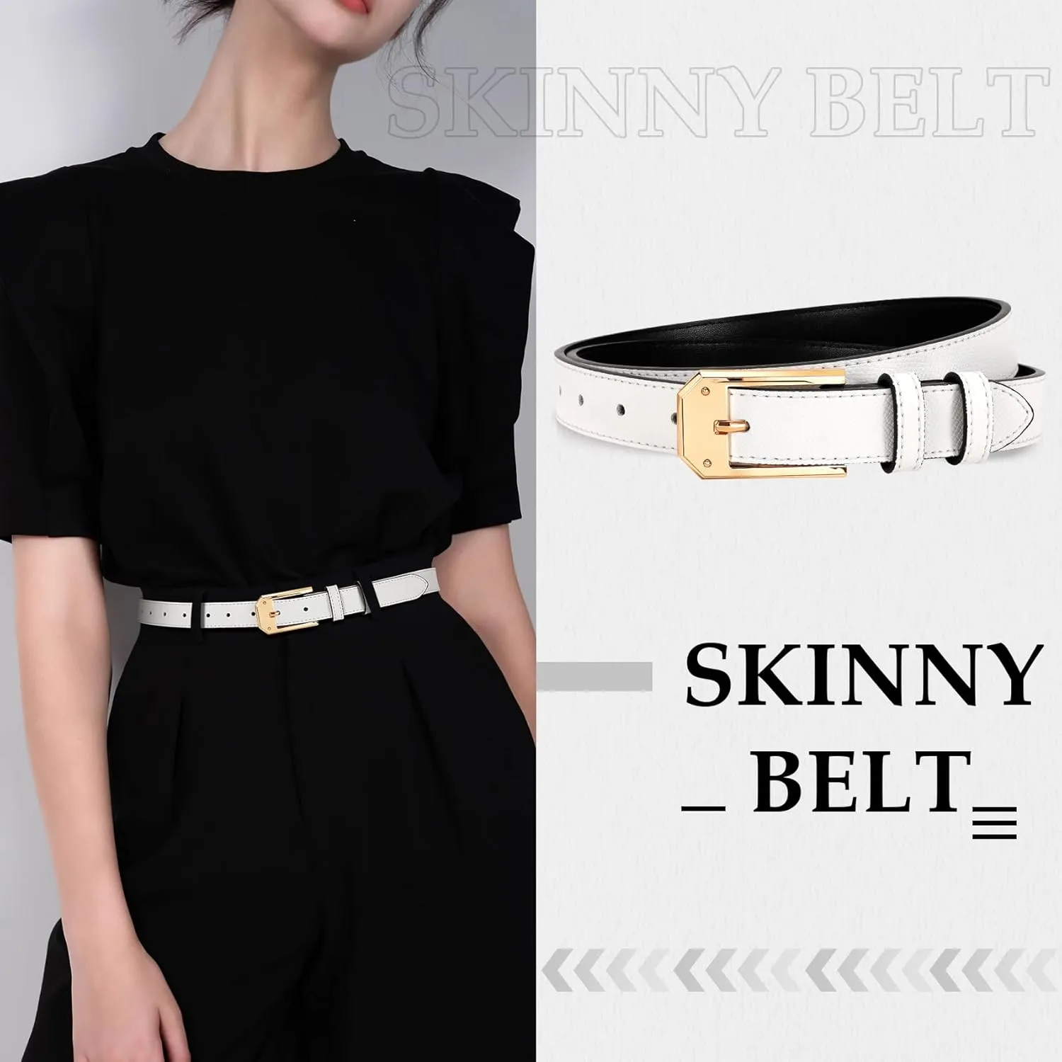 Women Skinny Belt Thin Leather Belt for Jeans Gold Buckle 1.34'' wide