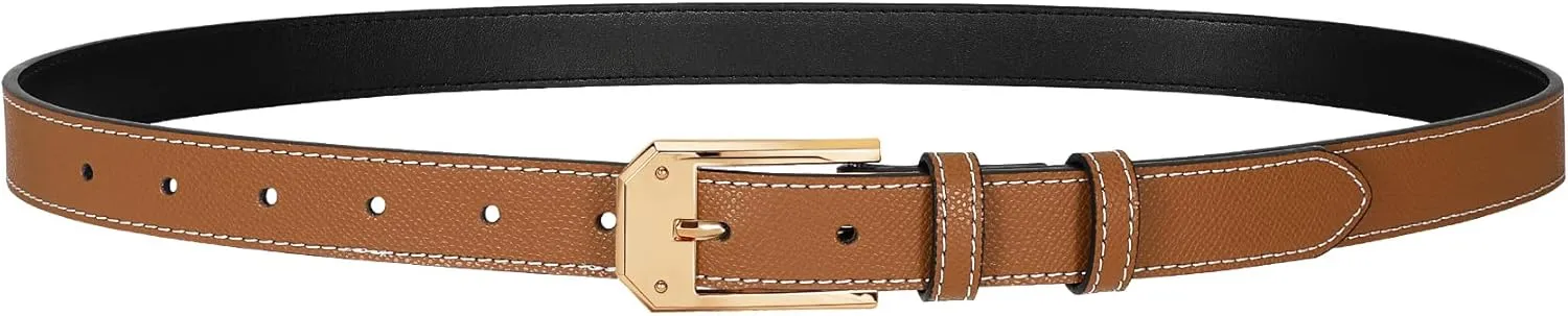 Women Skinny Belt Thin Leather Belt for Jeans Gold Buckle 1.34'' wide
