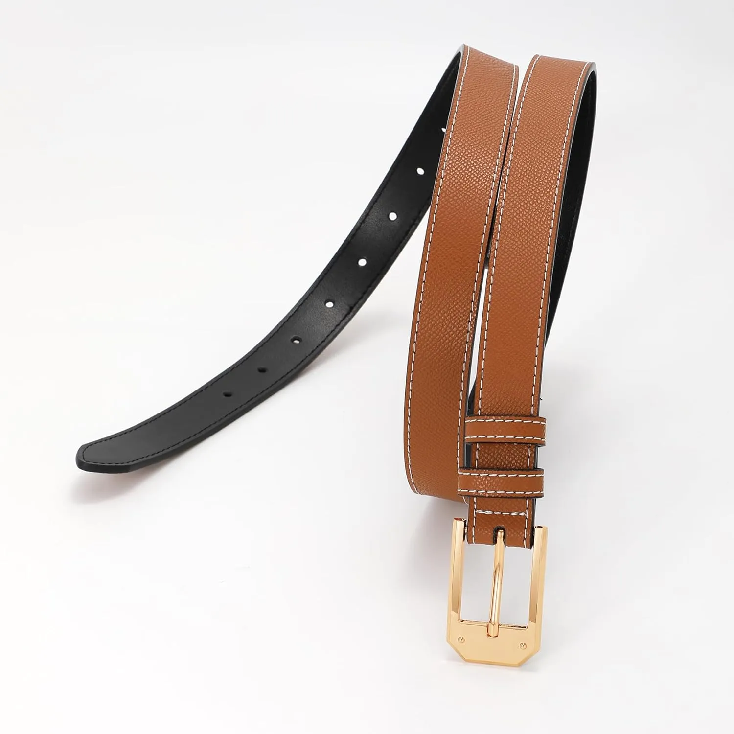 Women Skinny Belt Thin Leather Belt for Jeans Gold Buckle 1.34'' wide