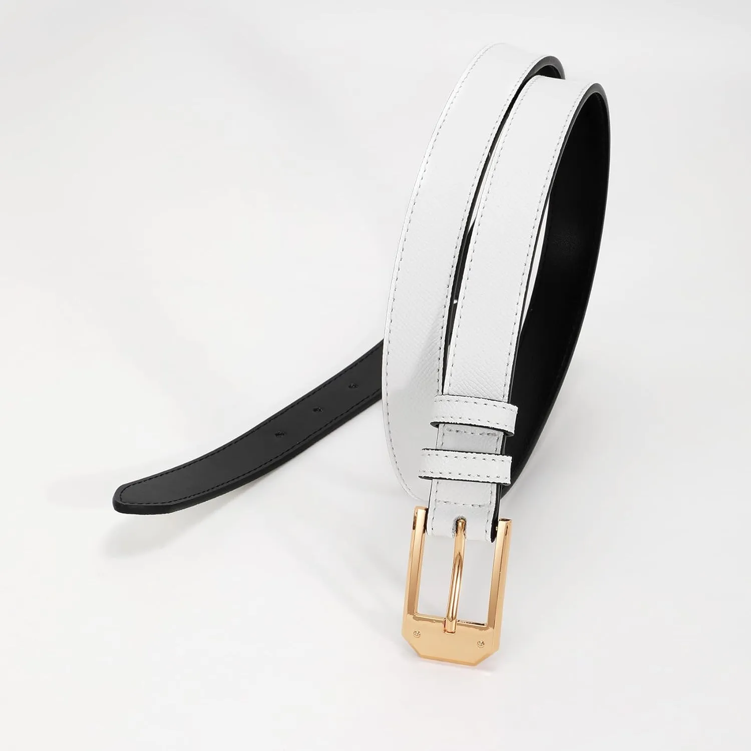 Women Skinny Belt Thin Leather Belt for Jeans Gold Buckle 1.34'' wide