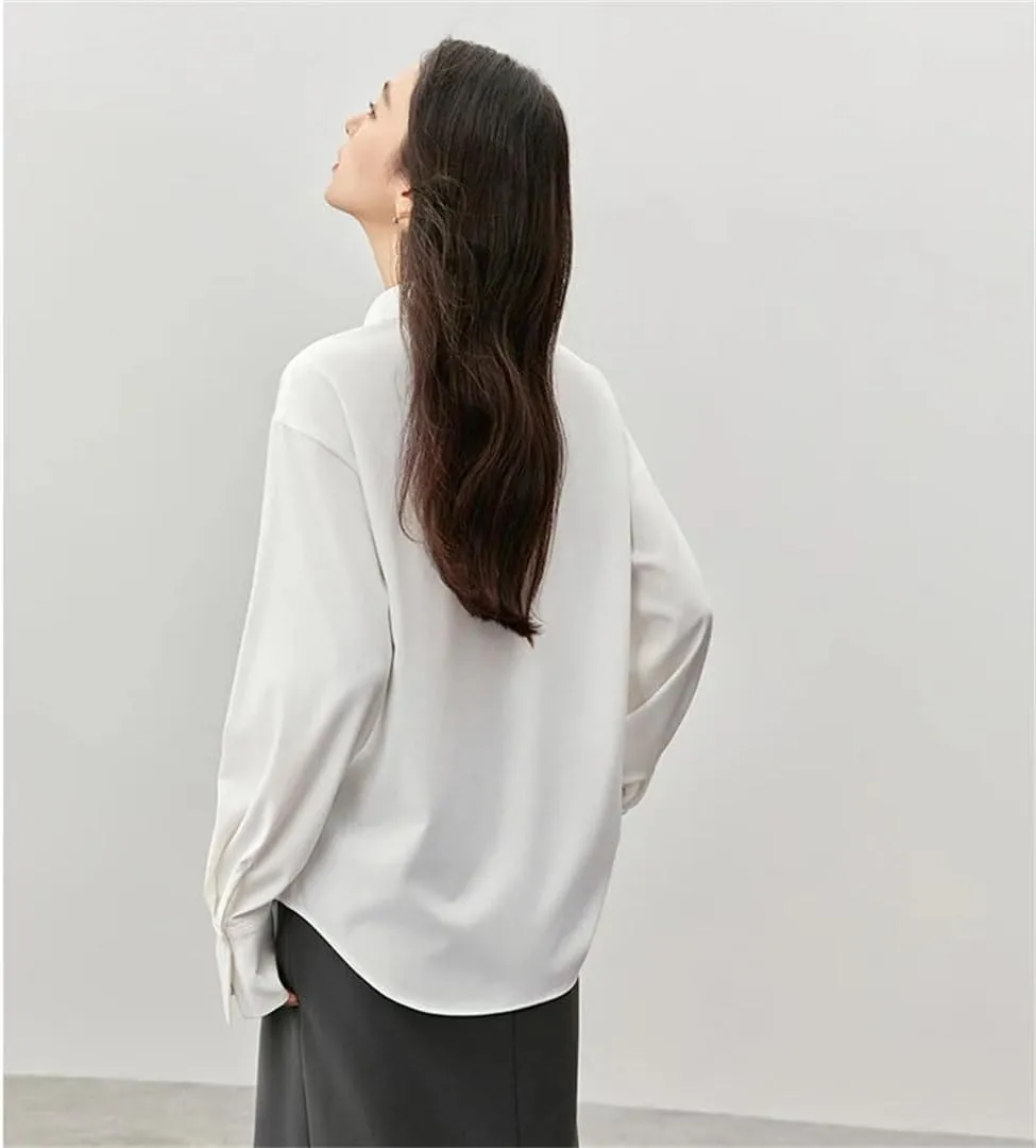 Women Solid Satin Shirt Straight Lapel Single Breasted Blouse Long Sleeve Buttons Blouse
