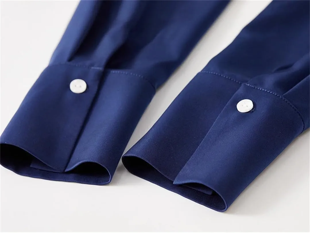 Women Solid Satin Shirt Straight Lapel Single Breasted Blouse Long Sleeve Buttons Blouse