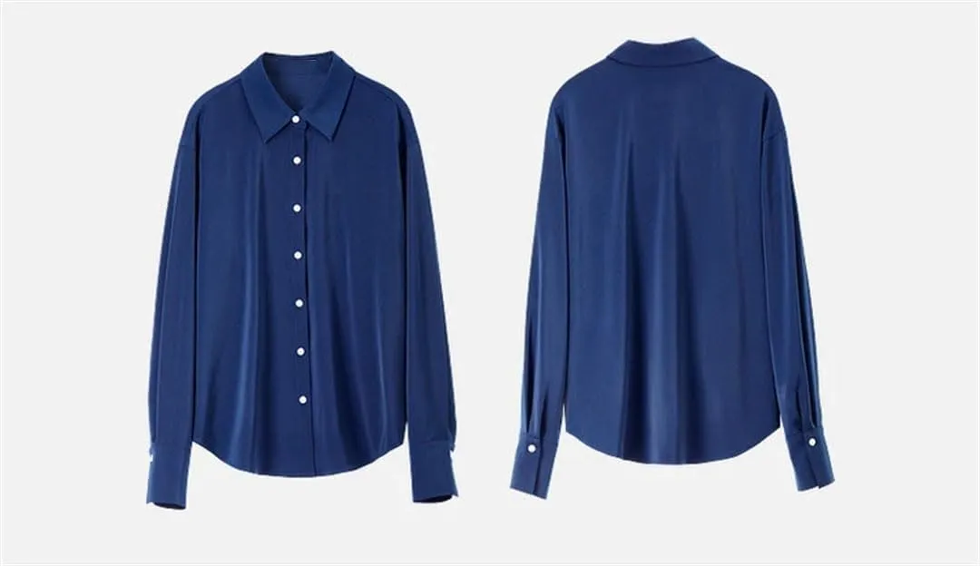 Women Solid Satin Shirt Straight Lapel Single Breasted Blouse Long Sleeve Buttons Blouse