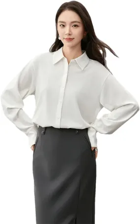Women Solid Satin Shirt Straight Lapel Single Breasted Blouse Long Sleeve Buttons Blouse