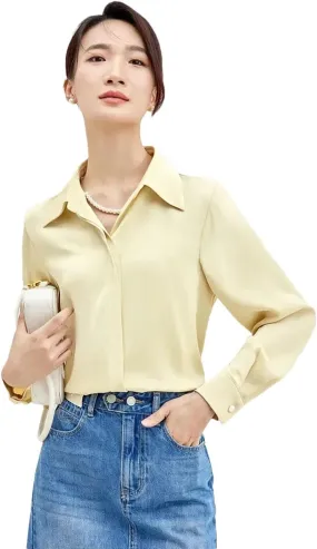 Women Straight Chiffon Lapel Blouse Elegant Pearl Chain Shirt Top Solid Office Lady Blouse