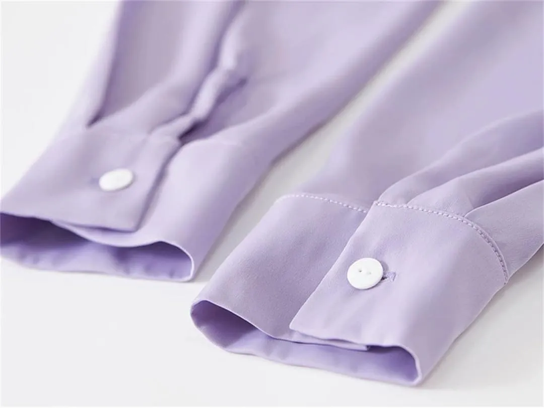 Women Straight Chiffon Lapel Blouse Elegant Pearl Chain Shirt Top Solid Office Lady Blouse