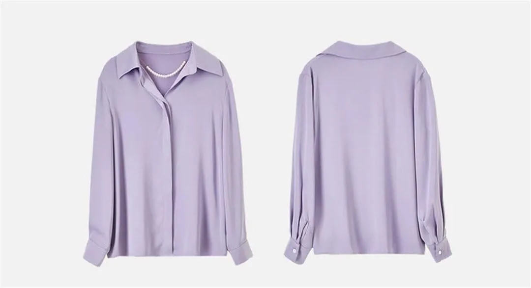 Women Straight Chiffon Lapel Blouse Elegant Pearl Chain Shirt Top Solid Office Lady Blouse