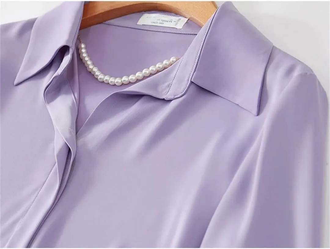 Women Straight Chiffon Lapel Blouse Elegant Pearl Chain Shirt Top Solid Office Lady Blouse