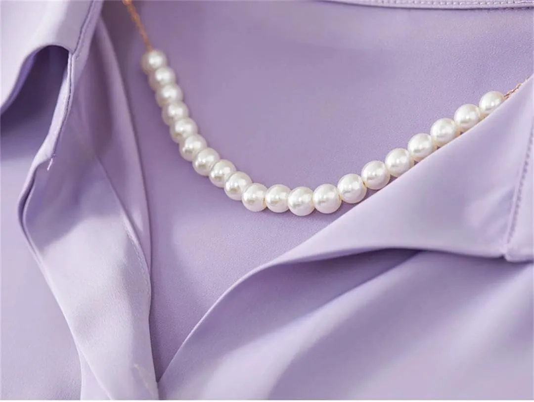 Women Straight Chiffon Lapel Blouse Elegant Pearl Chain Shirt Top Solid Office Lady Blouse